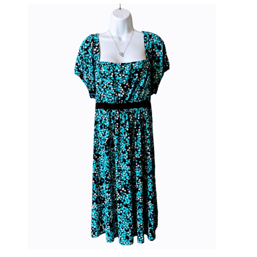 Dress Turquoise Black White Dots Sheath Square Neck Sz. XL - Picture 11 of 11